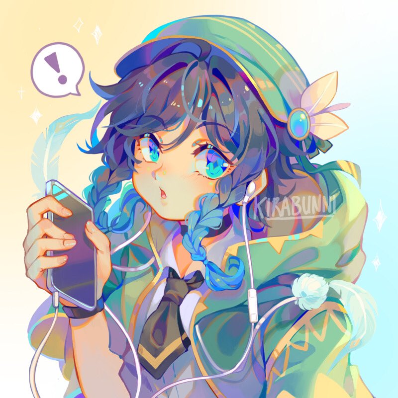 !, 1boy, alternate_costume, androgynous, bangs, beret, black_hair, blue_eyes, blue_hair, braid, collared_shirt, earphones, eyebrows_visible_through_hair, feathers, genshin_impact, gradient_hair, green_eyes, green_headwear, hat, holding, holding_phone, hood, hood_down, hooded_jacket, jacket, kirabunni, looking_at_viewer, male_focus, multicolored_hair, necktie, open_mouth, phone, shirt, short_hair_with_long_locks, simple_background, solo, speech_bubble, twin_braids, venti_(genshin_impact), white_shirt