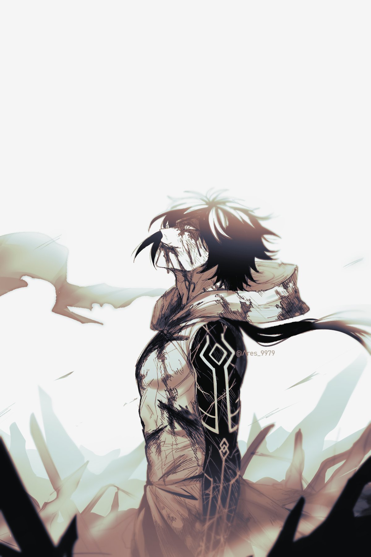 1boy, alternate_costume, ares_9979, arm_tattoo, bangs, bare_shoulders, blood, blood_from_mouth