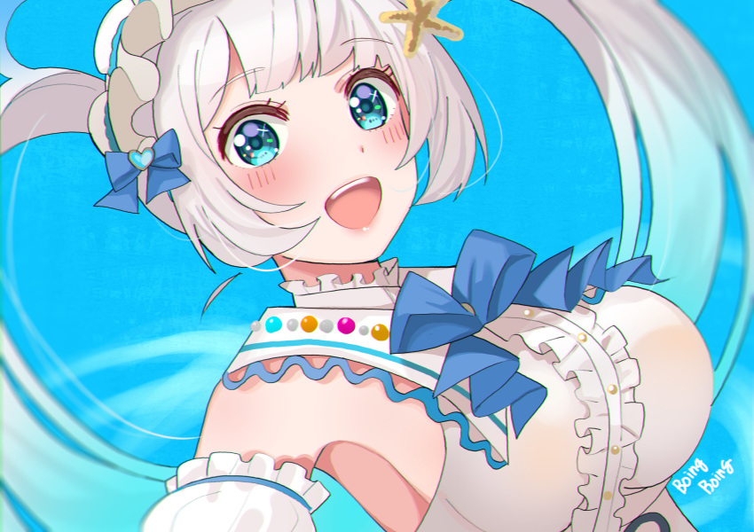 1girl, absurdres, axel-v, bangs, blue_bow, blue_eyes, blue_neckwear, bow