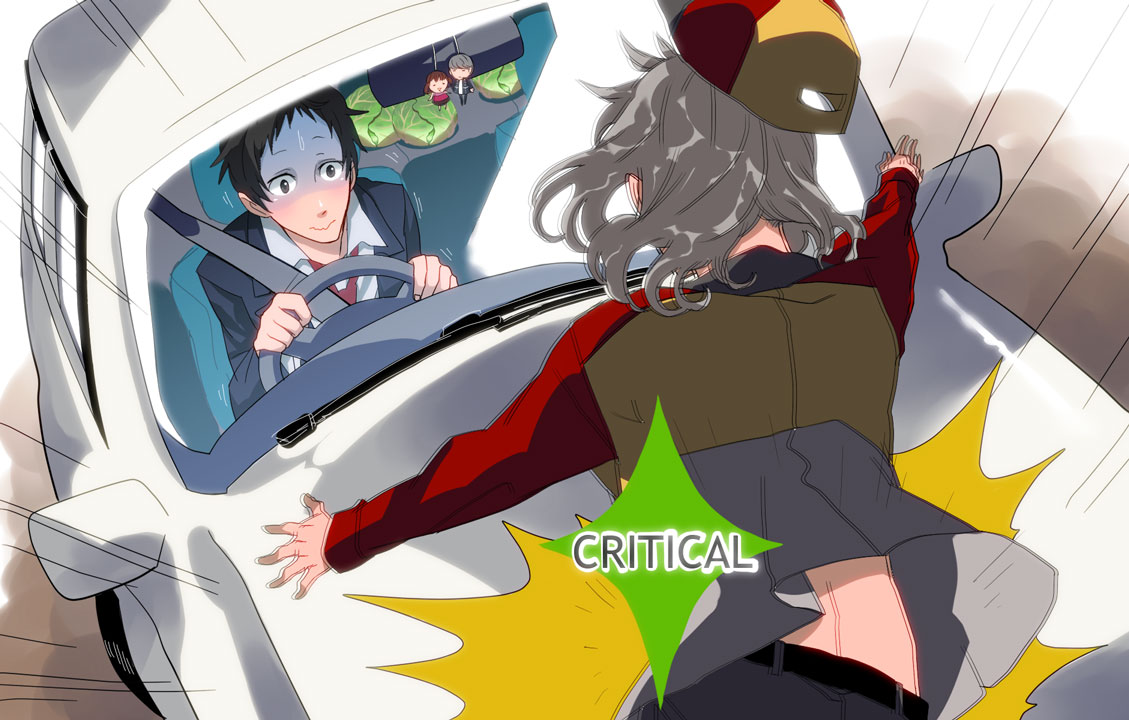 adachi_tohru, adachi_tooru, black_hair, cabbage, car, crash, doujima_nanako, good_end