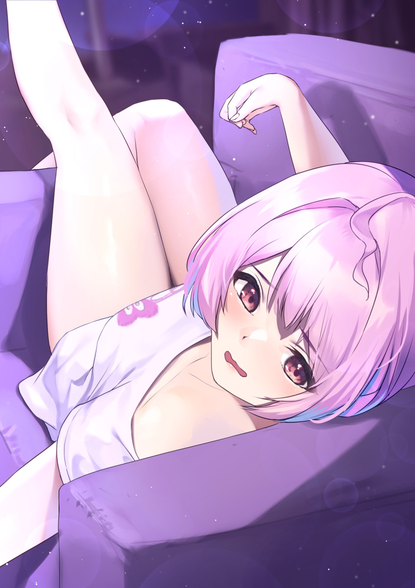 1girl, ahoge, bangs, bare_legs, blue_hair, breasts, couch, eyebrows_visible_through_hair, highres, idolmaster, idolmaster_cinderella_girls, lens_flare, looking_back, lying, medium_breasts, multicolored_hair, no_pants, pepeo, pink_hair, short_hair, short_sleeves, solo, two-tone_hair, wavy_mouth, yumemi_riamu