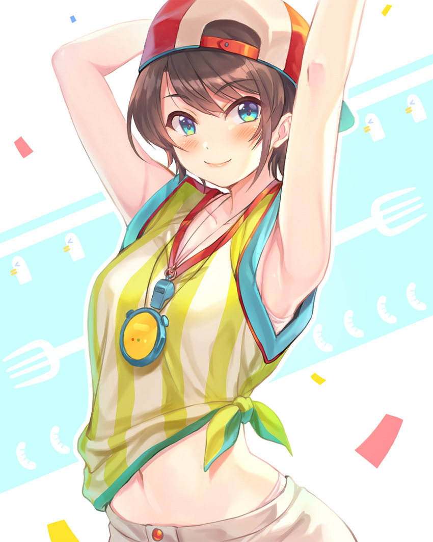 1girl, armpits, arms_up, backwards_hat, baseball_cap, bird, blue_eyes, brown_hair