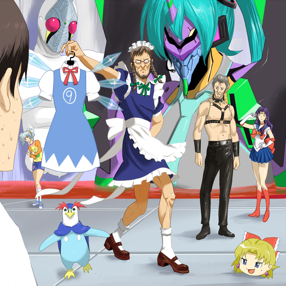 ayanami_rei, beard, bishoujo_senshi_sailor_moon, bow, braid, cirno, cirno_(cosplay), clothes