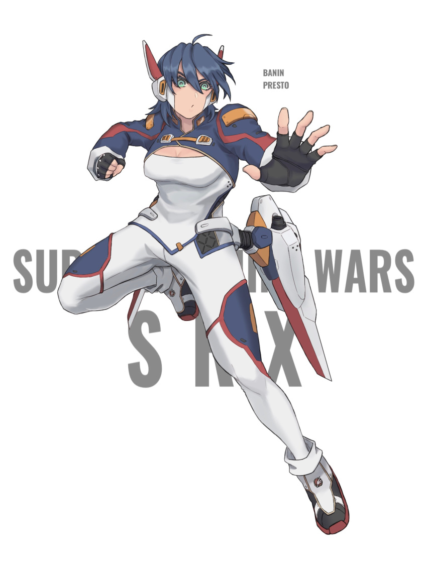 1girl, black_gloves, blue_hair, bodysuit, character_name, chinese_commentary, cleavage_cutout, clenched_hand, clothing_cutout, eyebrows_behind_hair, fingerless_gloves, floating, gloves, green_eyes, highres, jinri_shijie, mecha_musume, open_hand, personification, r-1, short_hair, solo, super_robot_wars, super_robot_wars_original_generation, white_background, white_bodysuit