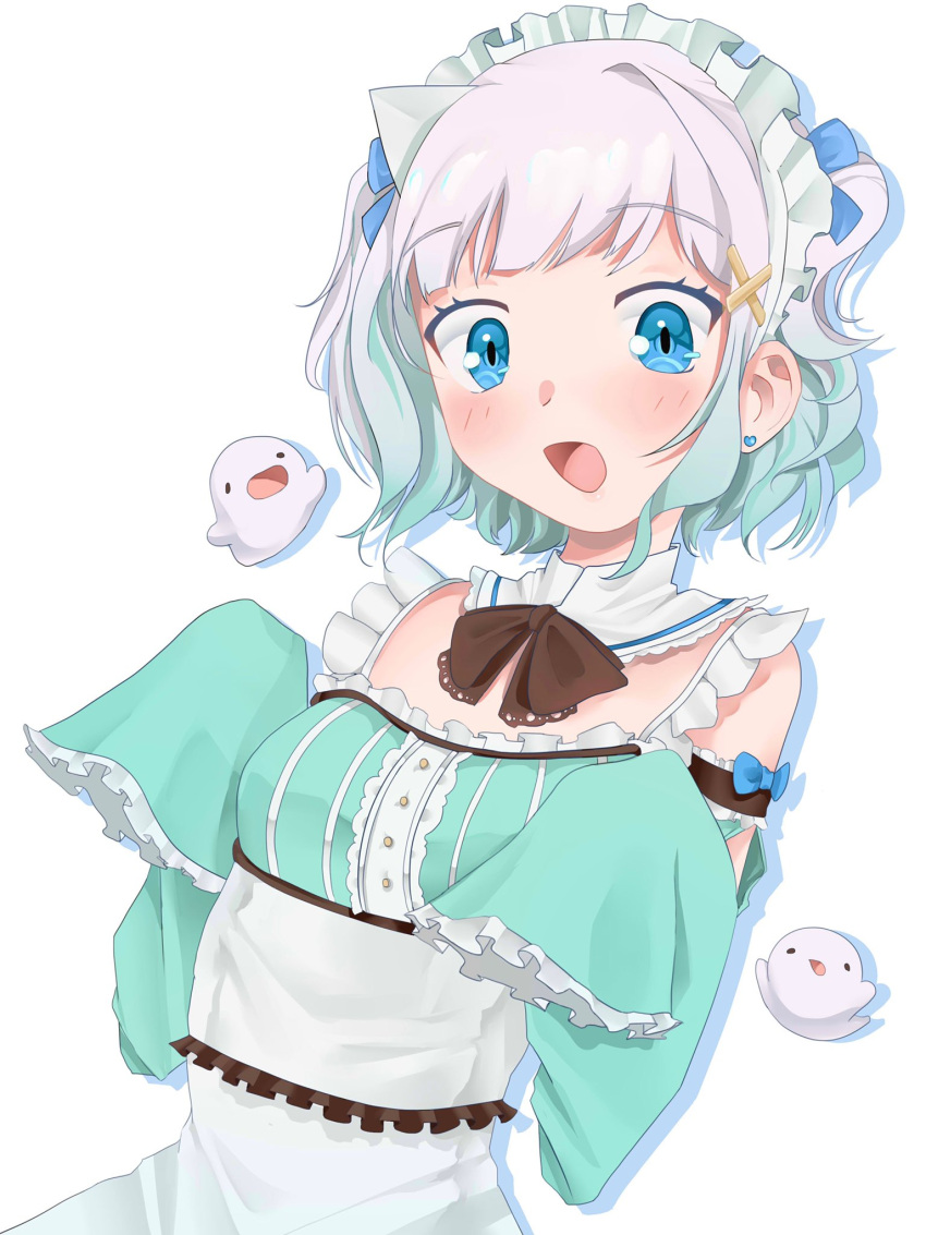1girl, :o, apron, black_bow, blue_bow, blue_eyes, blush, bow, detached_collar, dress, earrings, english_commentary, ghost, gradient_hair, green_dress, green_hair, hair_behind_ear, highres, indie_virtual_youtuber, jewelry, looking_down, maid, maid_apron, maid_headdress, mint_fantome, multicolored_hair, open_mouth, sleeves_past_fingers, sleeves_past_wrists, solo, two_side_up, virambs, virtual_youtuber, white_hair