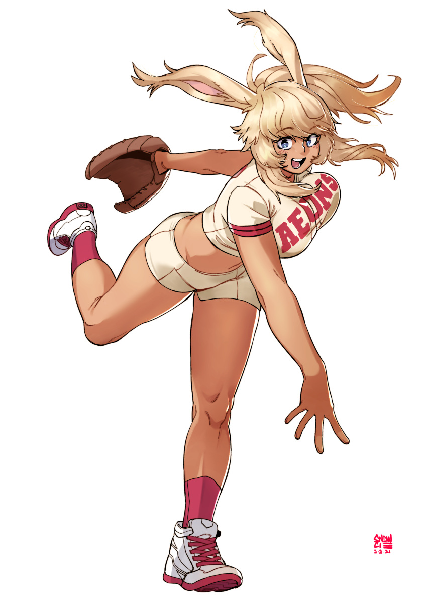 1girl, absurdres, animal_ear_fluff, animal_ears, artist_logo, artist_name, bangs, baseball_jersey, baseball_mitt, baseball_uniform, blue_eyes, breasts, choi_seol-hwa, choi_seol-hwa_(cosplay), commission, cosplay, dark_skin, dark-skinned_female, eyebrows_visible_through_hair, fictional_persona, final_fantasy, final_fantasy_xiv, freyja_lovesong, high_ponytail, highres, large_breasts, long_hair, pitching, platinum_blonde_hair, rabbit_ears, rabbit_girl, red_legwear, shoes, short_shorts, short_sleeves, shorts, simple_background, smile, sneakers, snowcie, solo, sportswear, viera, white_background, white_shorts
