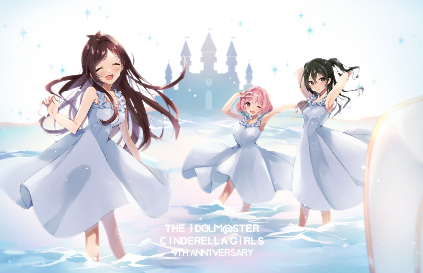 3girls, ^_^, alternate_costume, antenna_hair, armpits, bangs, bare_shoulders, black_hair, blue_hair, brown_hair, castle, closed_eyes, copyright_name, dress, glint, highres, idolmaster, idolmaster_cinderella_girls, multicolored_hair, multiple_girls, pink_hair, sen_(senchaaa), smile, sunazuka_akira, tsujino_akari, two_side_up, v, water, white_dress, yumemi_riamu