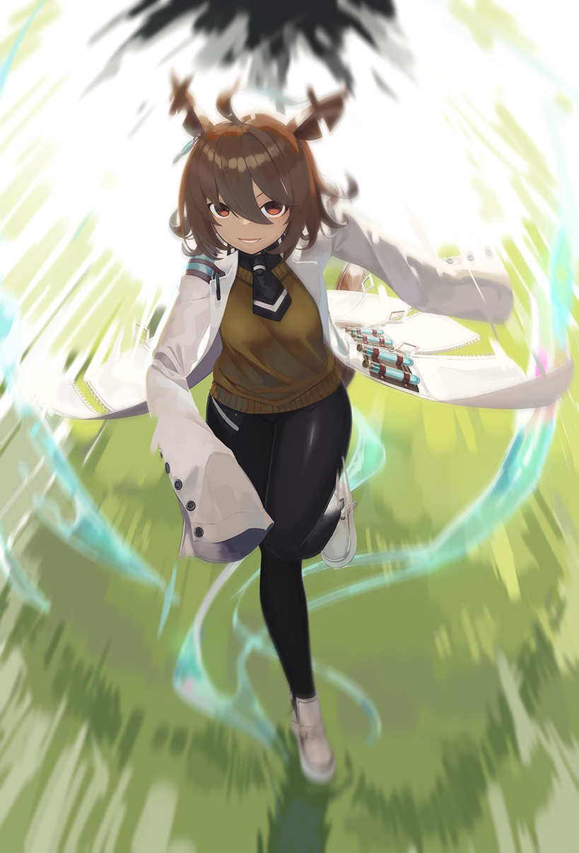 1girl, agnes_tachyon, ahoge, animal_ears, bangs, black_legwear, black_neckwear, black_shirt