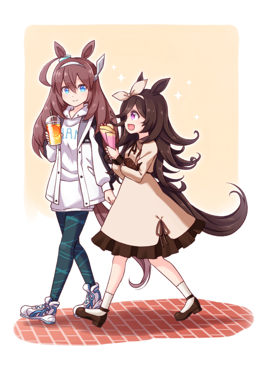 2girls, :d, ahoge, animal_ears, bangs, black_hair, blue_eyes, brown_dress