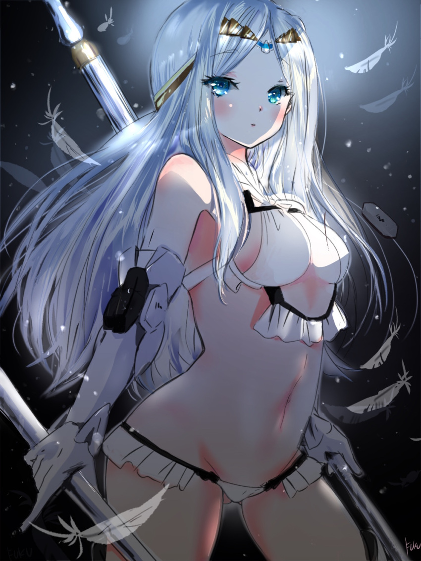 1girl, backlighting, bangs, bare_shoulders, bikini, blue_eyes, breasts, elbow_gloves