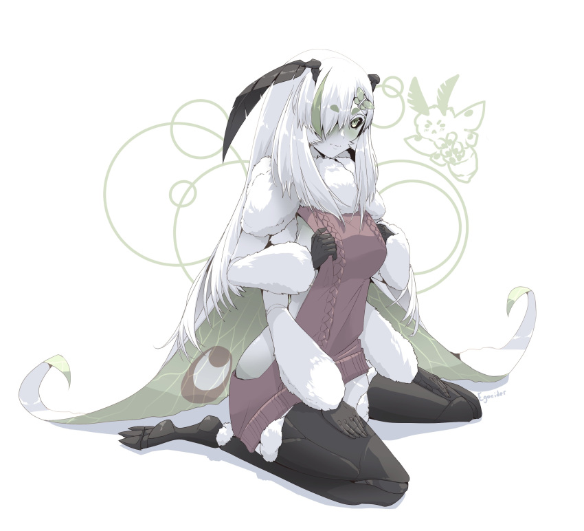 1girl, absurdres, antennae, aran_sweater, arthropod_girl, artist_name, bangs, black_sclera, blush, carapace, colored_sclera, colored_skin, commentary, dress, egocider, english_commentary, extra_arms, full_body, fur, green_eyes, hair_ornament, hair_over_one_eye, hairclip, hands_on_own_knees, highres, juniper_(egocider), long_hair, looking_at_viewer, meme_attire, monster_girl, moth_girl, moth_wings, original, simple_background, sitting, solo, sweater, sweater_dress, virgin_killer_sweater, white_fur, white_hair, white_skin, wings