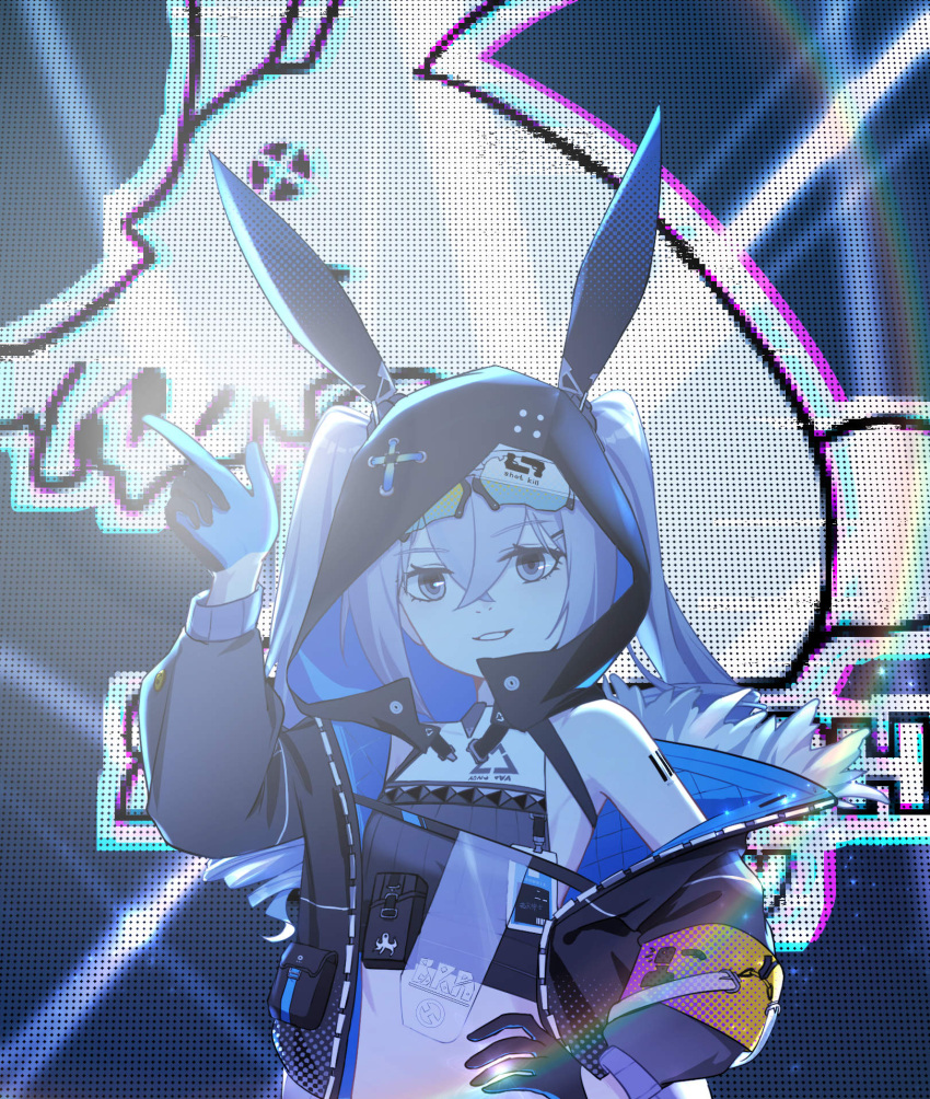 1girl, animal_ears, arm_up, armpits, backlighting, bare_shoulders, black_gloves, black_jacket, black_shirt, bronya_zaychik, bronya_zaychik_(haxxor_bunny), crop_top, diffraction_spikes, drill_hair, fake_animal_ears, fingertip_gentleman, fur_trim, gloves, goggles, goggles_on_head, grey_eyes, grey_hair, grin, hair_between_eyes, hair_through_headwear, hand_on_hip, highres, honkai_(series), honkai_impact_3rd, hood, jacket, long_hair, long_sleeves, looking_at_viewer, midriff, off_shoulder, open_clothes, open_jacket, rabbit_ears, rainbow, shirt, sleeveless, sleeveless_shirt, smile, solo, twin_drills, twintails, upper_body