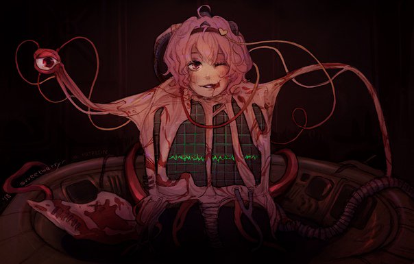1girl, blood, blood_on_face, disfigured, evil, evil_smile, fallout_(series), fallout_1, guro, komeiji_satori, monitor, mutant, mutation, one_eye_closed, smile, svveetberry, the_master_(fallout), touhou
