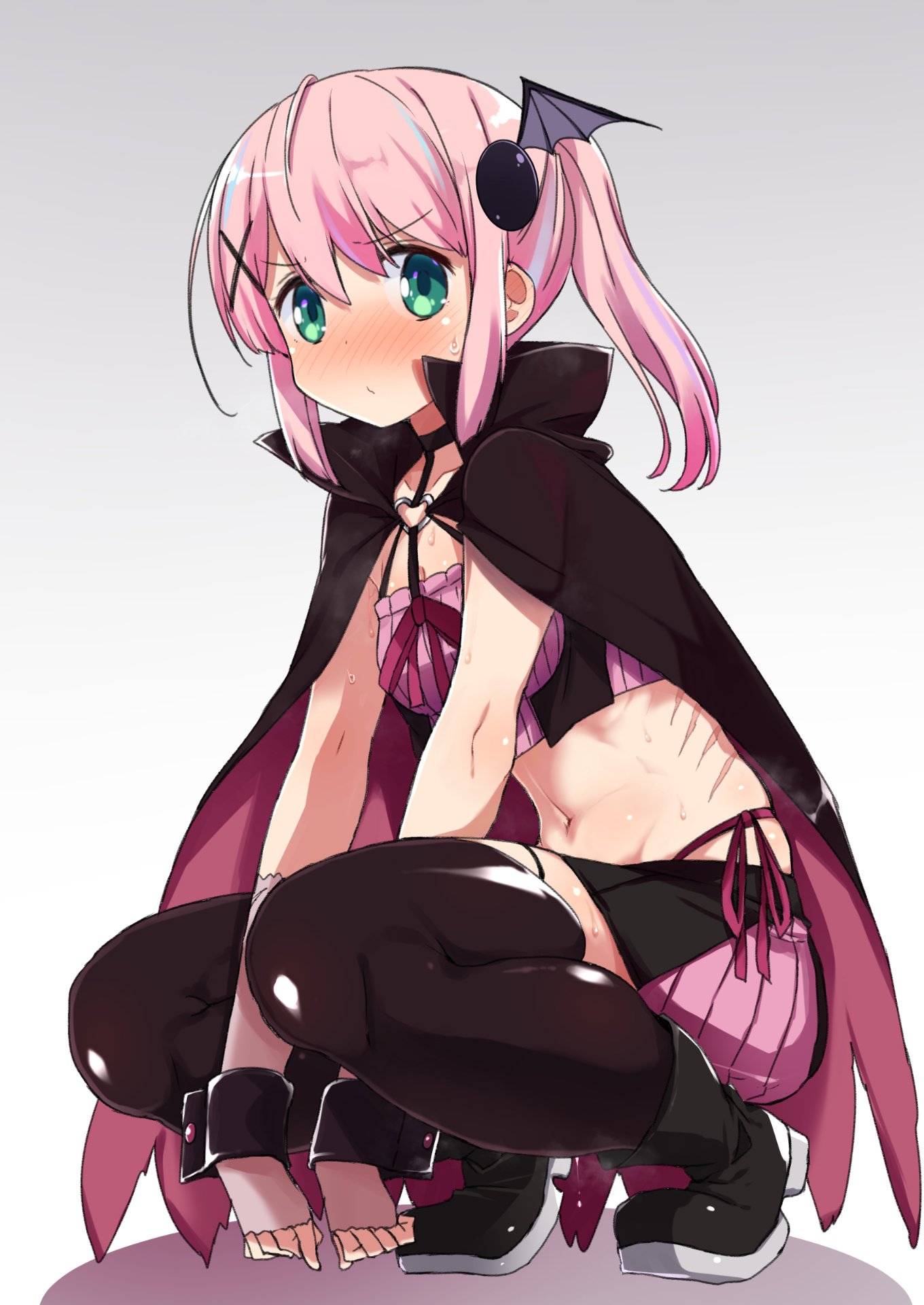 1girl, bangs, bat_hair_ornament, between_legs, black_cape, black_choker, black_footwear, black_legwear