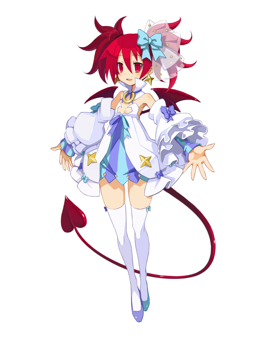 1girl, alternate_costume, bangs, blue_footwear, bow, demon_girl, demon_tail, demon_wings, detached_collar, detached_sleeves, disgaea, disgaea_rpg, dress, earrings, etna, flat_chest, full_body, hair_bow, highres, jewelry, layered_sleeves, long_hair, mismatched_footwear, official_art, open_mouth, popped_collar, red_eyes, redhead, saint_etna, short_dress, simple_background, slit_pupils, solo, strapless, strapless_dress, tail, thigh-highs, twintails, white_background, white_legwear, wings