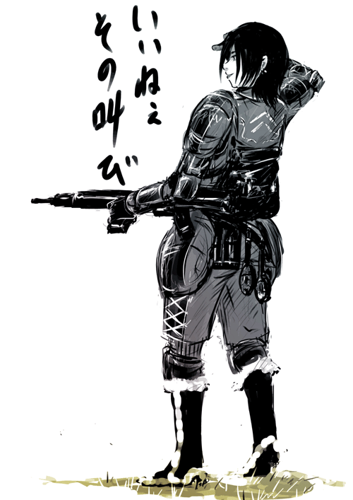 boots, gun, jane_turner, kaeru13, military_uniform, monochrome, senjou_no_valkyria, senjou_no_valkyria_1, short_hair, uniform