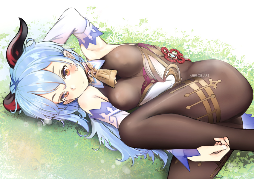 1girl, absurdres, arescr, arm_up, armpits, artist_name, bell, between_legs