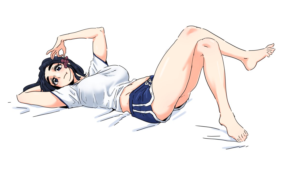 ass, blue_eyes, blue_hair, blush, breasts, large_breasts, looking_at_viewer, on_bed