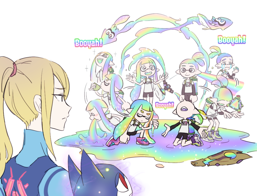 2boys, 2girls, animal_crossing, blonde_hair, comedy, ink, inkling, metroid