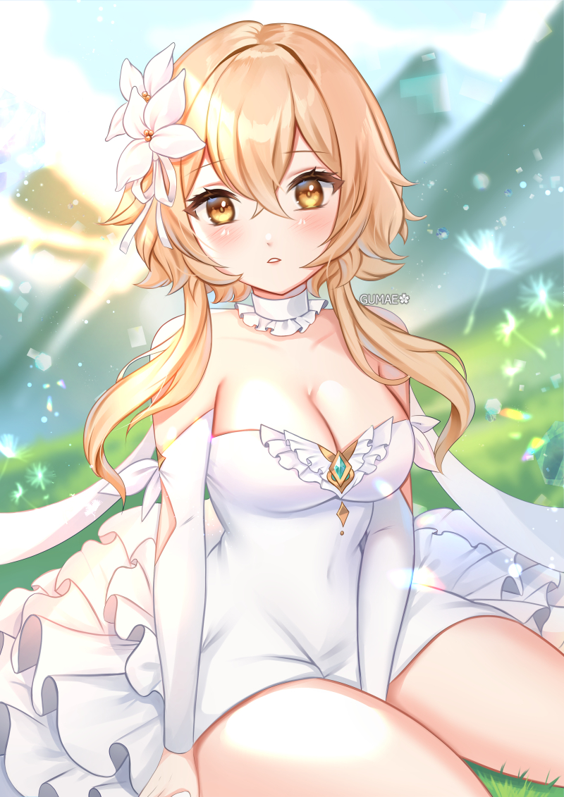 1girl, blonde_hair, blush, breasts, bride, dress, eyebrows_visible_through_hair, flower, genshin_impact, gumae, hair_flower, hair_ornament, lumine_(genshin_impact), medium_breasts, solo, solo_focus, white_dress, yellow_eyes