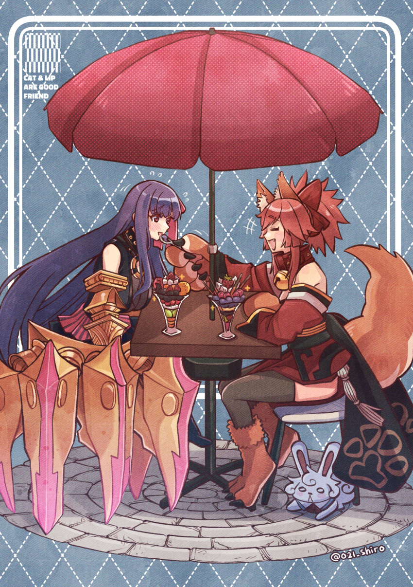021_shiro, 2girls, absurdres, animal_ear_fluff, animal_ears, bell, breasts, cat_paws