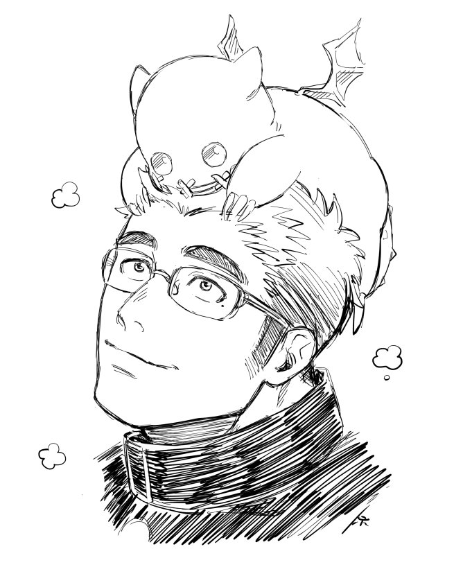 1boy, close-up, creature, face, glasses, greyscale, harada_(basashi), looking_up, male_focus, monochrome, on_head, shiro_(tokyo_houkago_summoners), short_hair, sideburns, smile, solo, tokyo_houkago_summoners