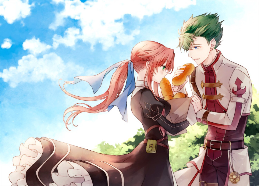 1boy, 1girl, bag, baguette, belt, belt_pouch, black_dress, blue_eyes