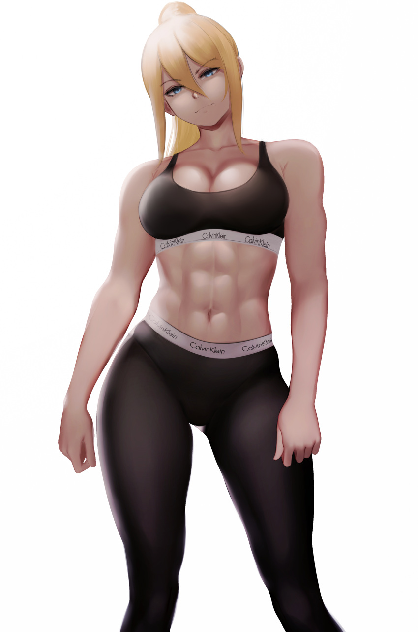 1girl, abs, absurdres, alternate_costume, black_pants, blonde_hair, blue_eyes, breasts