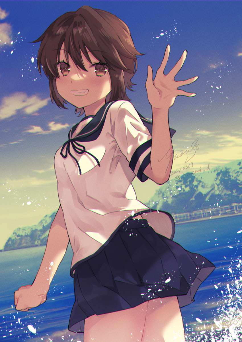 1girl, blue_skirt, blush, brown_eyes, brown_hair, cowboy_shot, dated, eyebrows_visible_through_hair