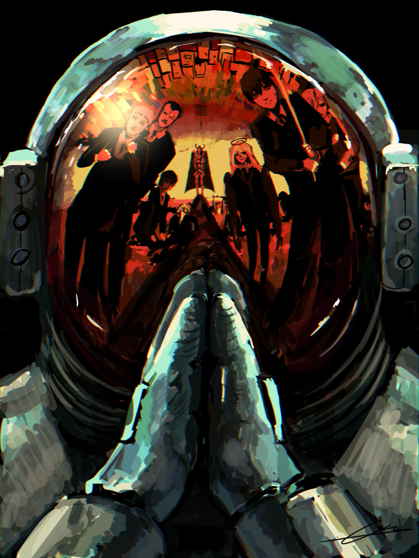 2girls, 5boys, angel_devil_(chainsaw_man), arms_up, astronaut, black_background, cape, chainsaw_man