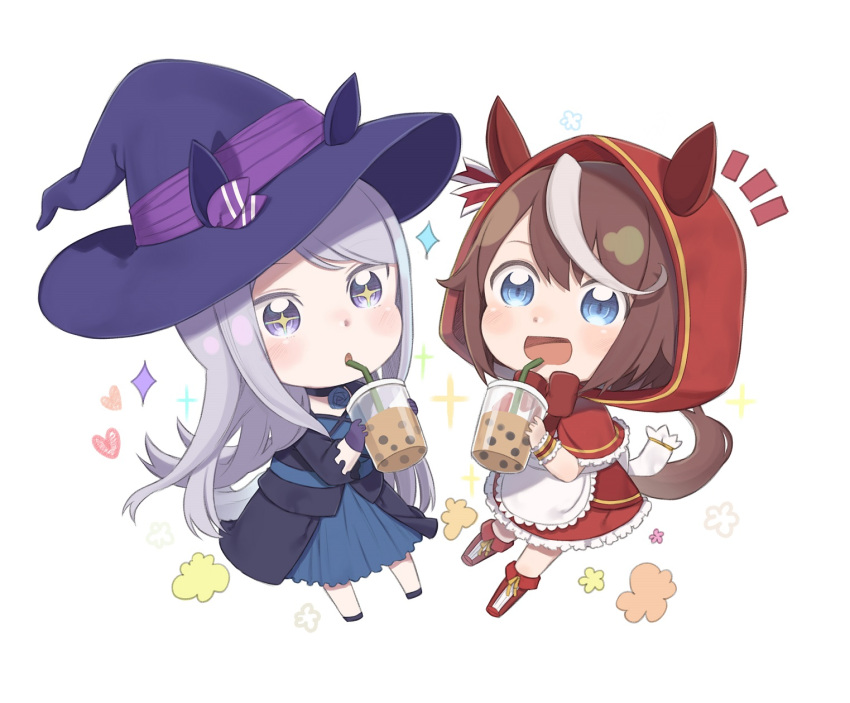 +_+, 2girls, :d, animal_ears, apron, bangs, bendy_straw, black_choker