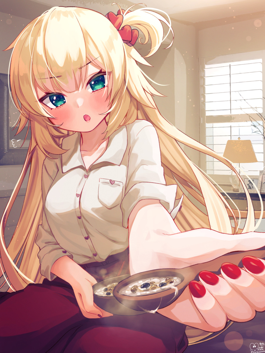 1girl, :o, akai_haato, aqua_eyes, bangs, blonde_hair, blush, bowl, breasts, collared_shirt, commentary_request, eyebrows_visible_through_hair, fingernails, foreshortening, hair_ornament, heart, heart_hair_ornament, highres, holding, holding_bowl, holding_spoon, hololive, indoors, long_hair, long_sleeves, looking_at_viewer, magowasabi, medium_breasts, nail_polish, one_side_up, outstretched_arm, pants, porridge, red_nails, red_pants, shirt, signature, sitting, solo, spoon, twitter_username, very_long_hair, virtual_youtuber, white_shirt, window