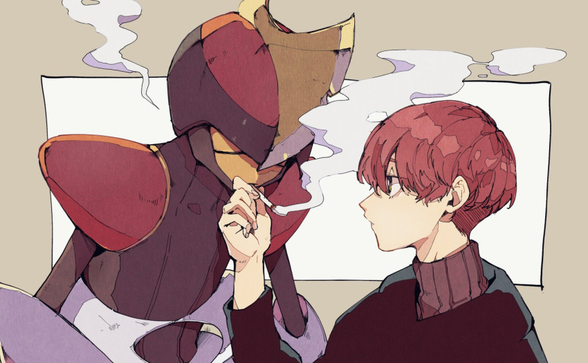 1boy, bangs, bisharp, black_sweater, cigarette, closed_eyes, commentary_request, gen_5_pokemon, hand_up, holding, holding_cigarette, male_focus, mouth_hold, pokemon, redhead, short_hair, smoke, smoking, sweater, turtleneck, upper_body, uraya