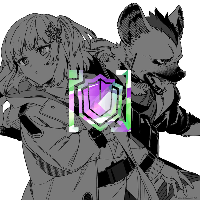1boy, 1girl, arknights, bangs, bright_pupils, coat, commentary_request, flower