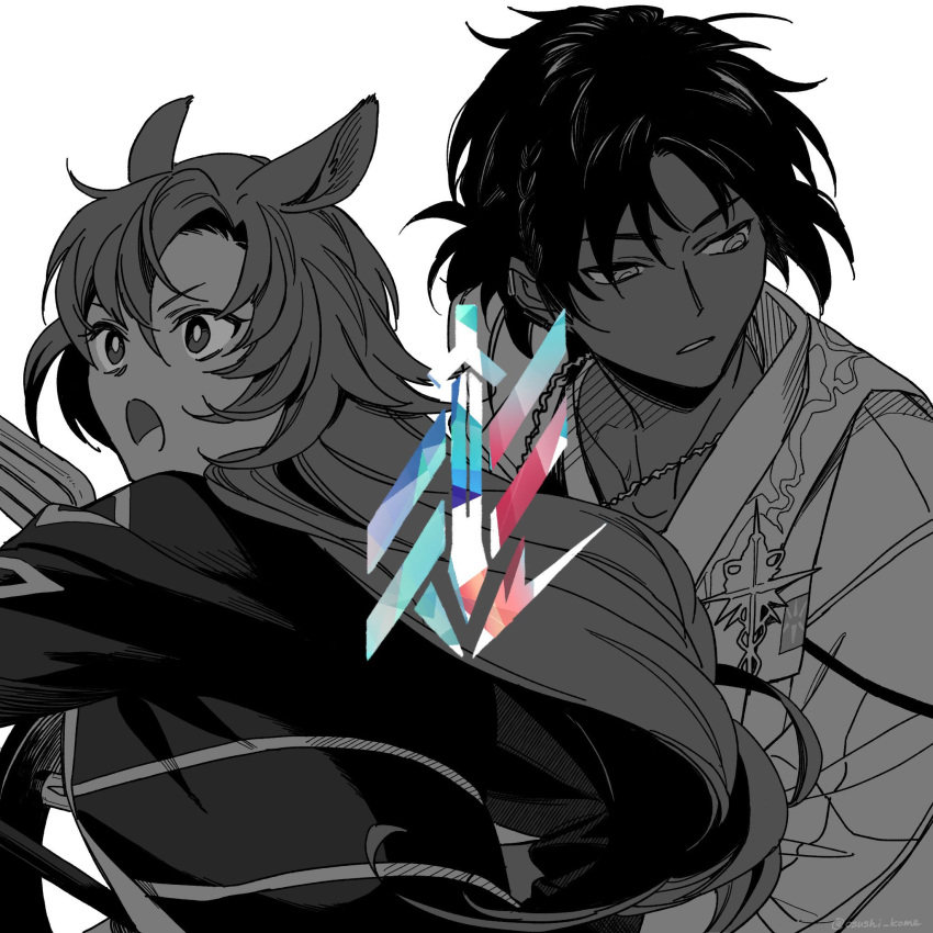 1boy, 1girl, angry, animal_ears, arknights, bangs, black_hair, bright_pupils, commentary_request, dark_skin, dark_skinned_male, fang_(arknights), grey_eyes, grey_hair, highres, jewelry, long_hair, long_sleeves, looking_afar, looking_to_the_side, necklace, open_mouth, osushi_kome, parted_lips, shirt, short_hair, sidelocks, simple_background, spot_color, thorns_(arknights), twitter_username, upper_body, white_background, white_pupils, white_shirt