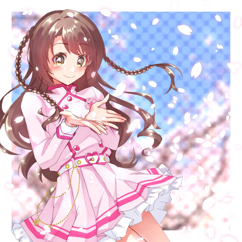 1girl, absurdres, bangs, belt, blurry, blush, braid, brown_hair, buttons, cherry_blossoms, depth_of_field, dress, eyebrows_visible_through_hair, halftone, halftone_background, highres, idolmaster, idolmaster_cinderella_girls, koriyukika032, lace-trimmed_skirt, lace_trim, long_hair, long_sleeves, pink_dress, pleated_skirt, shimamura_uzuki, skirt, smile, solo