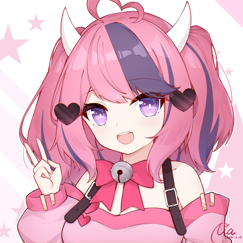 1girl, :d, ahoge, bangs, bare_shoulders, bell, bow, bowtie, breasts, buckle, collarbone, commentary, dated, demon_girl, demon_horns, detached_sleeves, english_commentary, eyebrows_visible_through_hair, eyes_visible_through_hair, hair_between_eyes, hair_ornament, heart, heart_ahoge, heart_hair_ornament, highres, horns, ironmouse, looking_at_viewer, medium_breasts, multicolored_hair, neck_bell, off_shoulder, open_mouth, pink_hair, poinia, purple_hair, red_neckwear, sidelocks, signature, smile, starry_background, streaked_hair, swept_bangs, teeth, two-tone_hair, two_side_up, upper_body, v, violet_eyes, virtual_youtuber, vshojo