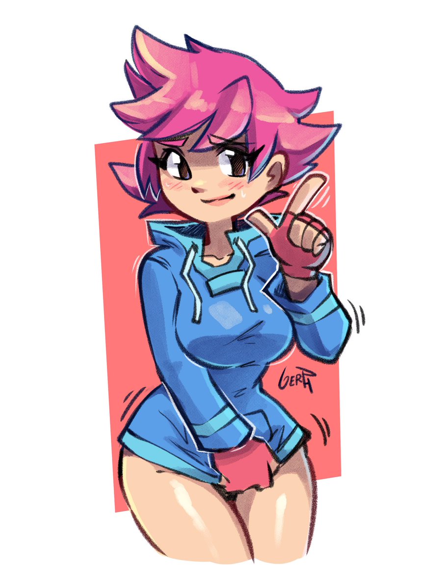 1girl, adjusting_clothes, blush, embarrassed, gerph, gloves, highres, image_sample, kumatora, mother_(game), mother_3, pink_gloves, pink_hair, replaceme, short_hair, solo, standing, thighs, twitter_sample