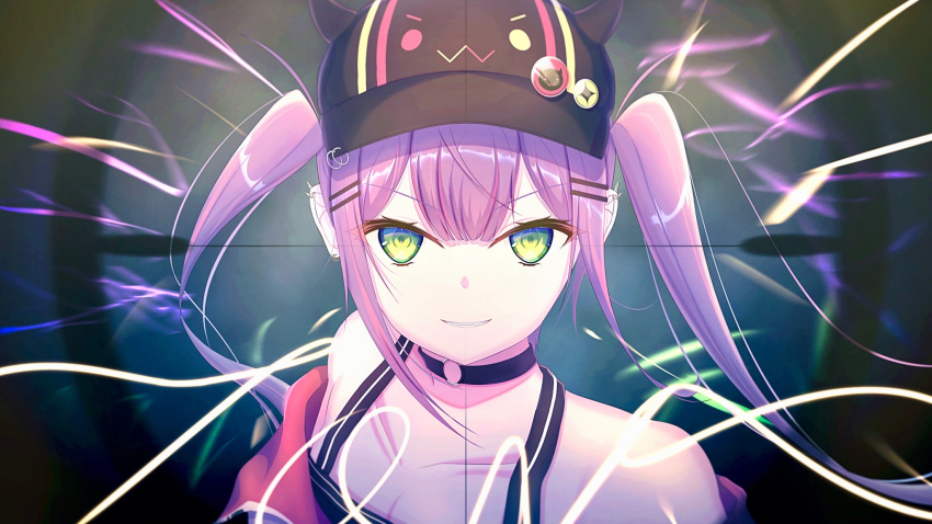 anichika, collarbone, demon_girl, ear_piercing, green_eyes, hat, highres, hololive