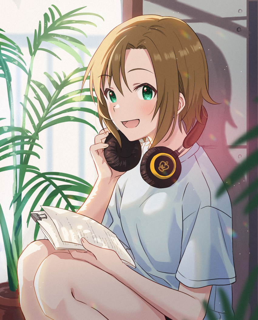 1girl, absurdres, adjusting_headphones, bare_arms, bare_legs, binder_clip, blurry, blurry_foreground
