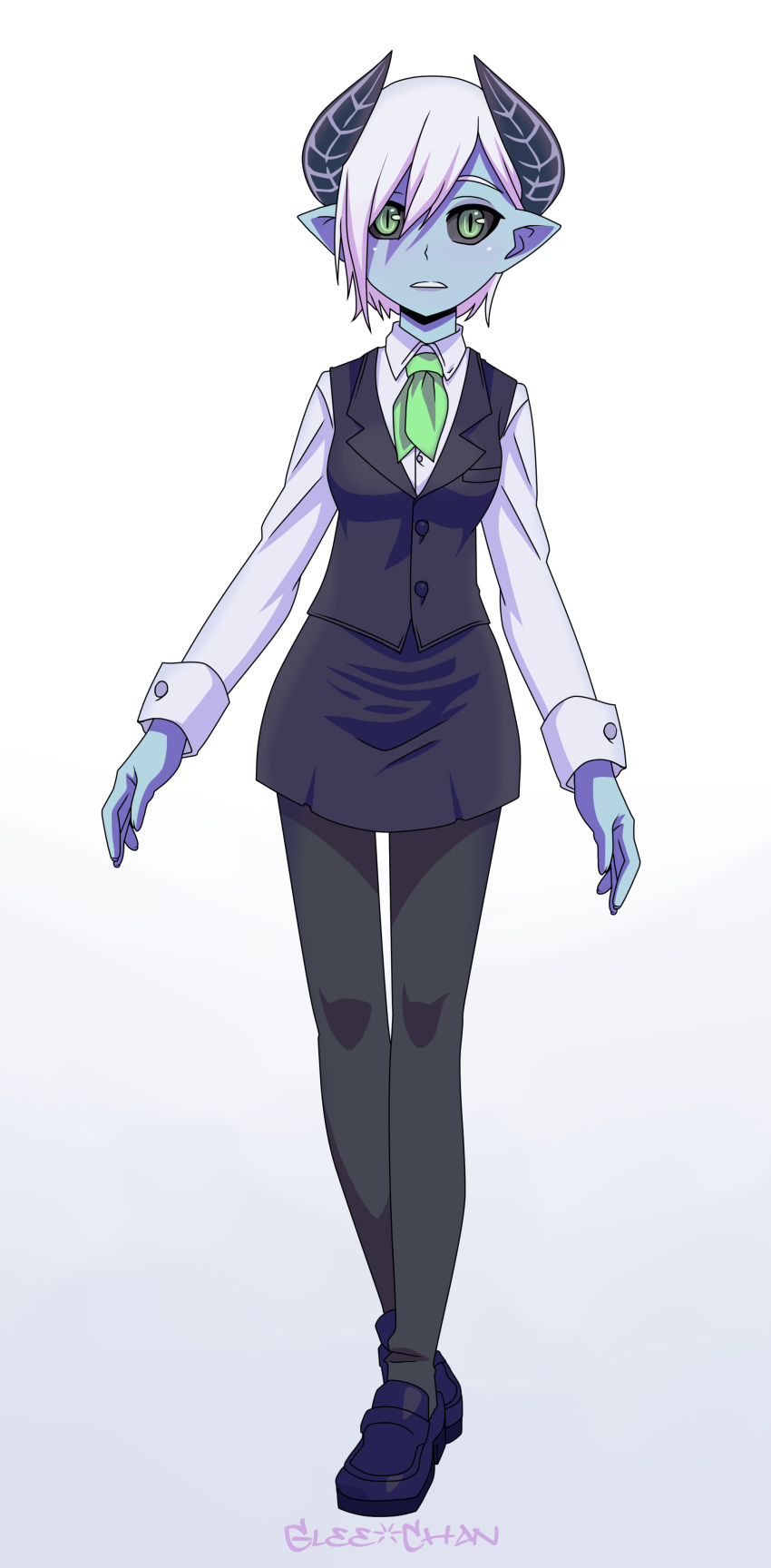 1girl, absurdres, black_footwear, black_horns, black_legwear, black_sclera, blue_skin, breasts