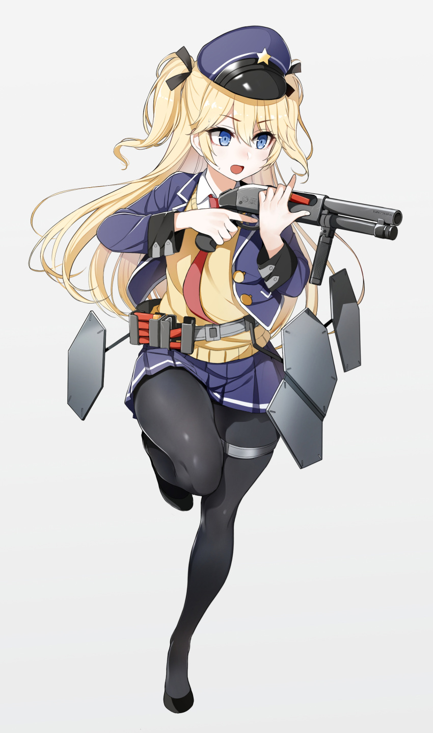 1girl, absurdres, armor, bangs, black_footwear, black_legwear, blonde_hair, blue_eyes