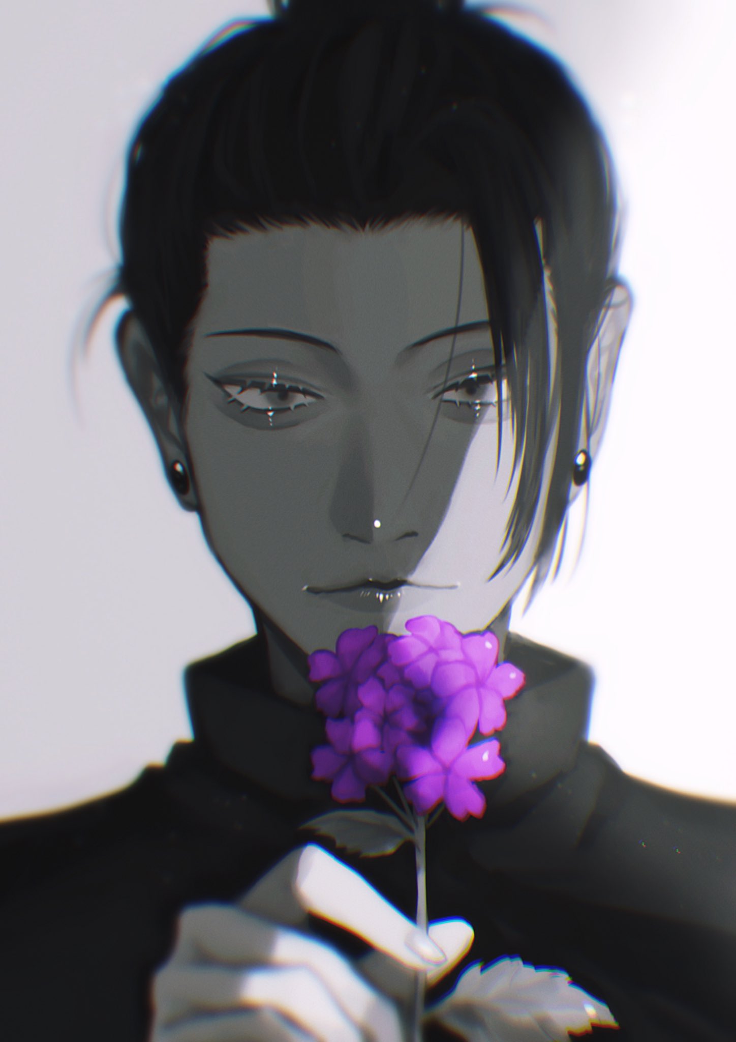1boy, bangs, closed_mouth, ear_piercing, flower, gakuran, getou_suguru, greyscale