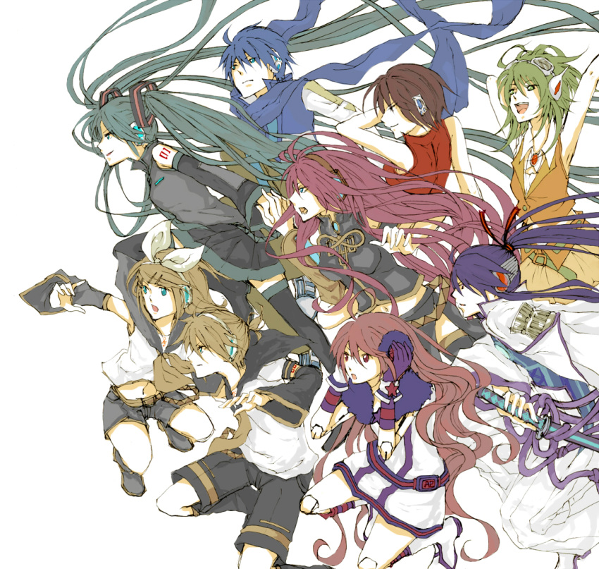 aqua_hair, blonde_hair, blue_eyes, blue_hair, brown_hair, covering_ears, detached_sleeves, earmuffs, everyone, green_eyes, green_hair, gumi, hair_ornament, hair_ribbon, hairclip, hands_on_earmuffs, hands_on_headphones, hatsune_miku, headphones, kagamine_len, kagamine_rin, kaito, kamui_gakupo, long_hair, megurine_luka, meiko, miki_(vocaloid), nekonomimiko, pink_hair, ponytail, purple_hair, red_eyes, red_hair, redhead, ribbon, scarf, sf-a2_miki, short_hair, shorts, skirt, smile, thigh-highs, thighhighs, twintails, very_long_hair, vocaloid