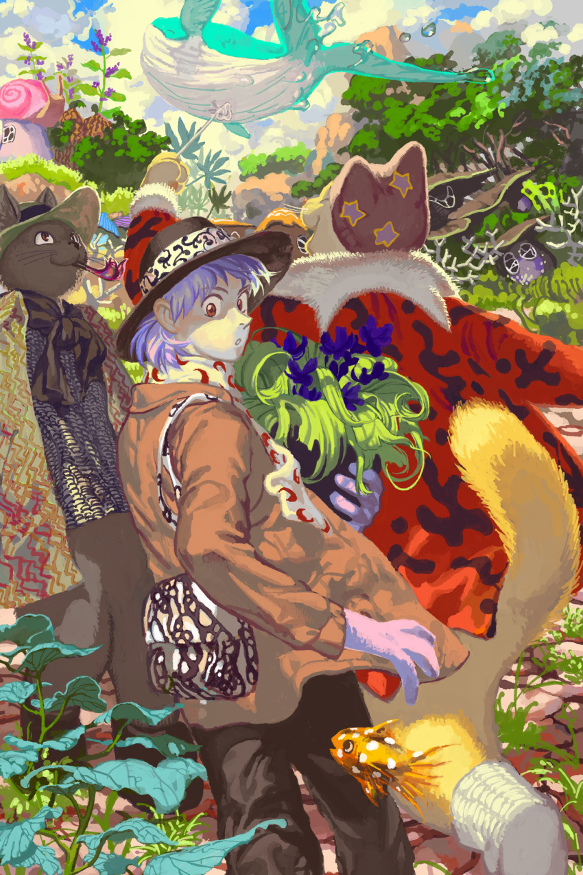 bag, bangs, blue_sky, clouds, cloudy_sky, fish, flower, gender_request