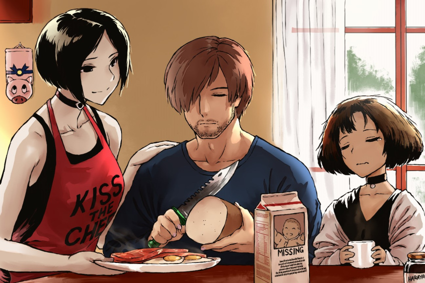 1boy, 2girls, ada_wong, apron, beard, black_hair, bread, brown_hair, closed_eyes, coffee_cup, collar, crossover, cup, disposable_cup, egg, facial_hair, food, hair_over_one_eye, haraya_manawari, knife, leon_s_kennedy, leon_the_professional, looking_at_another, mathilda_lando, milk_carton, multiple_girls, namesake, red_apron, resident_evil, resident_evil_6, short_hair, sitting, smile, table, window