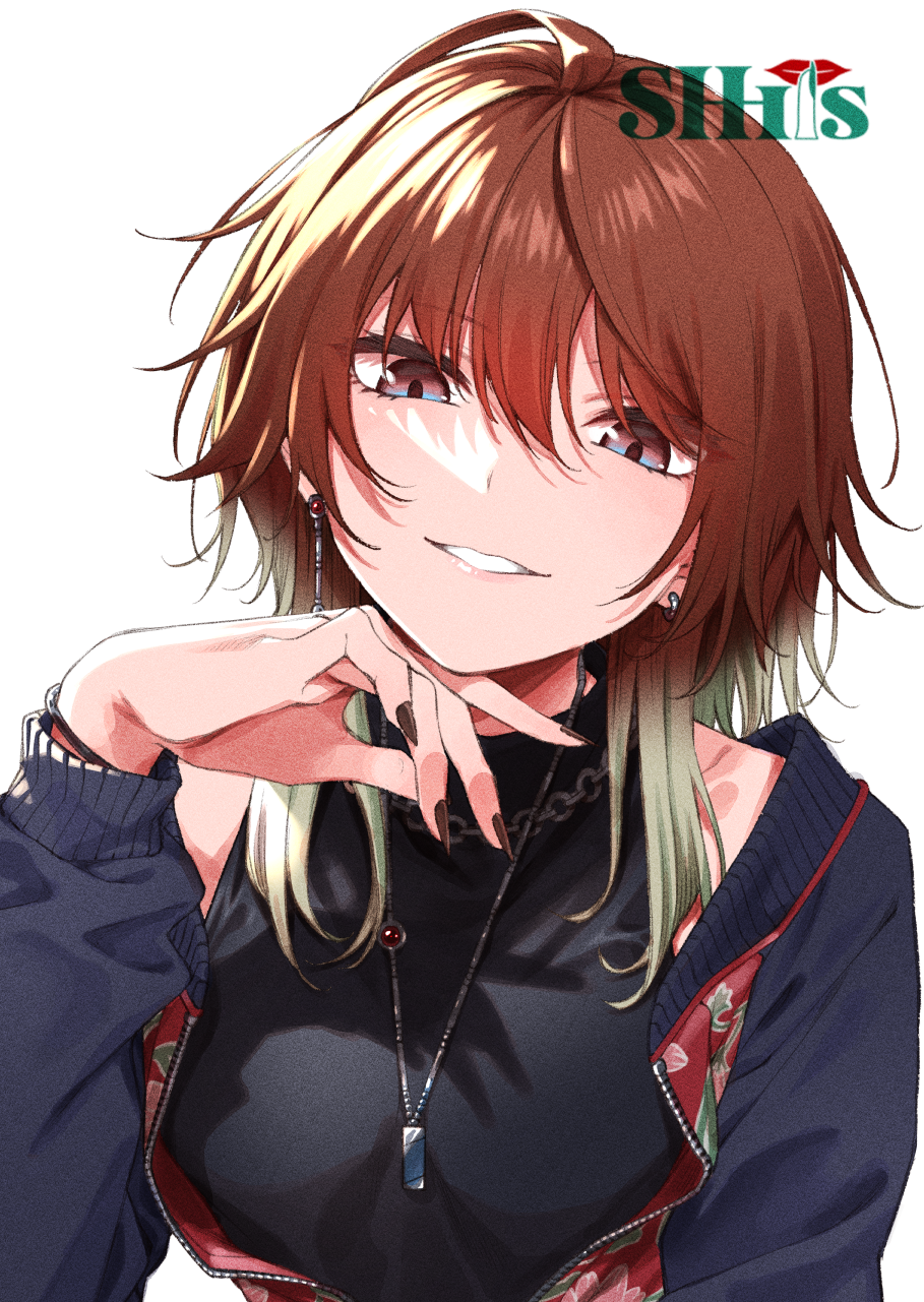 1girl, aketa_mikoto, bangs, black_jacket, black_shirt, blue_eyes, bracelet, brown_nails