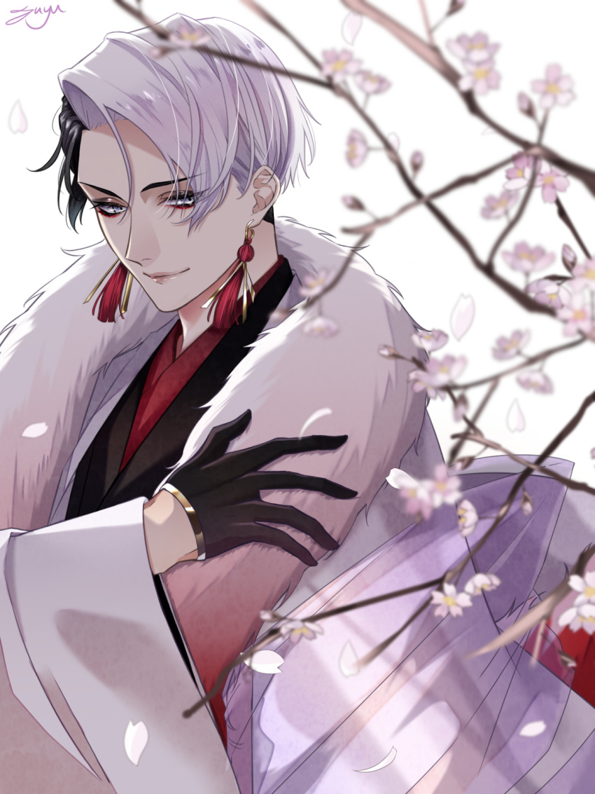 1boy, alternate_costume, artist_name, black_gloves, black_hair, blurry, blurry_foreground, closed_mouth, commentary_request, divus_crewel, earrings, eyebrows_visible_through_hair, eyeliner, eyes_visible_through_hair, eyeshadow, flower, fur_trim, fuyu_tomatomato, gloves, grey_eyes, half_gloves, highres, japanese_clothes, jewelry, kimono, light_smile, long_sleeves, makeup, male_focus, multicolored_hair, new_year, petals, short_hair, signature, solo, tassel, tassel_earrings, tree_branch, twisted_wonderland, two-tone_hair, white_hair, wide_sleeves