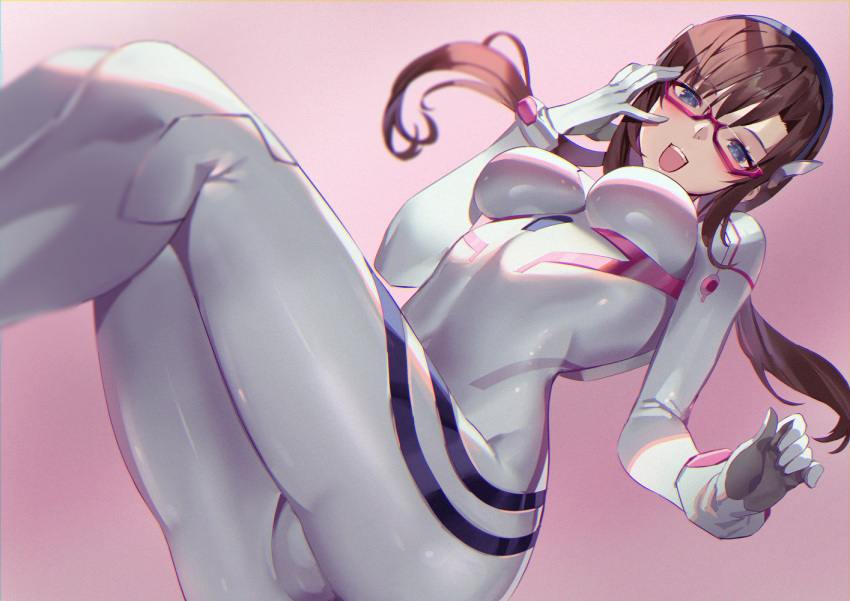 1girl, ass, blue_eyes, bodysuit, breasts, brown_hair, covered_navel, evangelion:_3.0+1.0_thrice_upon_a_time, glasses, long_hair, looking_at_viewer, makinami_mari_illustrious, medium_breasts, neon_genesis_evangelion, open_mouth, plugsuit, rebuild_of_evangelion, red-framed_eyewear, shiny, shiny_clothes, shiny_hair, skin_tight, smille, solo, teeth, twintails, white_bodysuit, yoshimoto_(dear_life)