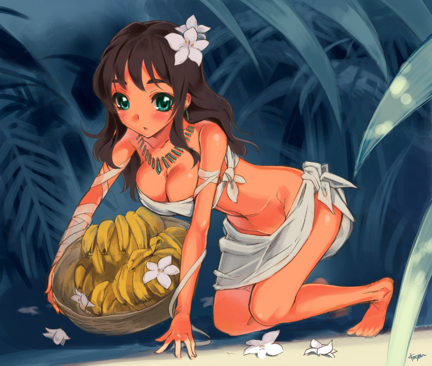 banana, bare_shoulders, barefoot, breasts, brown_hair, cleavage, dark_skin, flower